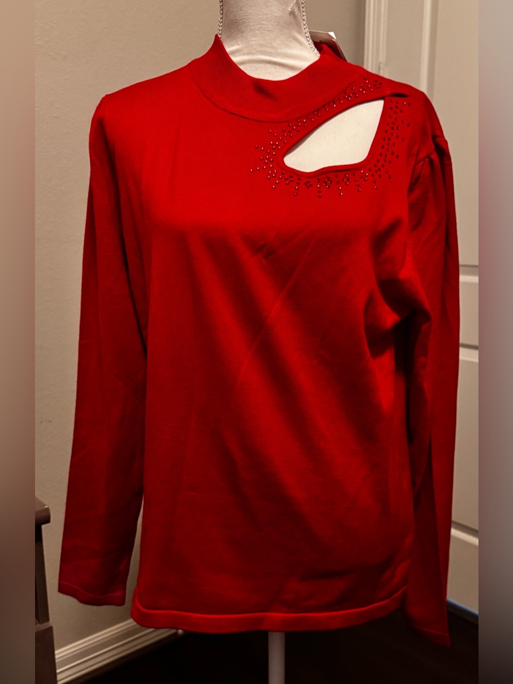 Questions Women's Red Knit Mock Neck Rhinestone Cutout Pullover Sweater XL